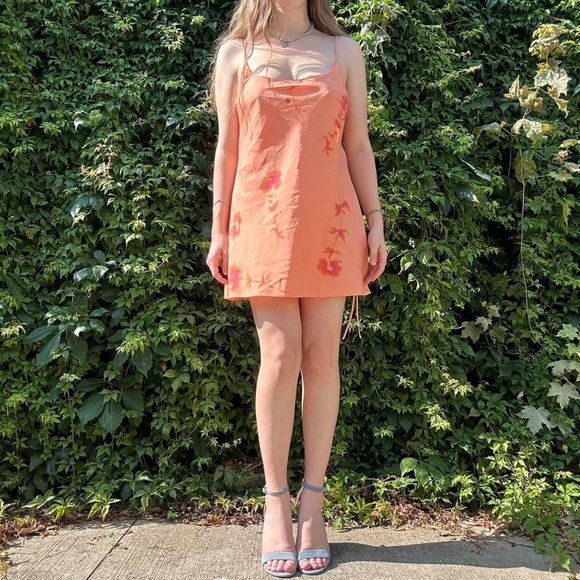 Orange and pink floral mini slip dress with lace up side and low back - Picture 3 of 8